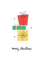 Cute present gift boxes vector card with the inscription Merry Christmas. Surprise event celebration, design for greeting. For New Year and Christmas card, banner