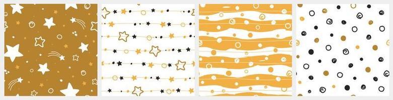 The set is a seamless pattern with an abstract simple pattern for the holidays. Print with horizontal lines, stars, stripes, dots and circles. Vector graphics.