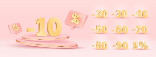 Sale podium. 3D Gold Discount numbers on podium. Price off tag design collection. 10, 20, 30, 40, 50, 60,70,80,90. Percent and dollar illustration. vector