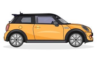 mini cooper amarillo rápido y de moda con techo y ruedas, simple y plano vector