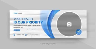 diseño de portada de banner de salud médica, diseño de banner moderno con degradado de color azul y fondo de textura de papel blanco, utilizable para banner y portada vector