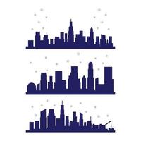 Set of metropolis city silhouette with fireworks celebration vector illustration element