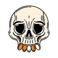 cráneo humano con icono de vector de dientes dorados. ilustración de hueso dibujada a mano aislada en blanco. estilo de dibujos animados planos, boceto simple. cara, máscara, cabeza muerta. imágenes prediseñadas de halloween para tarjetas, carteles, logotipos, web