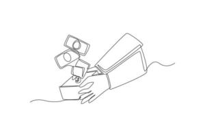 Continuous one line drawing happy businessman hand inserting dollar bill from wallet. Wealth and prosperity concept. Single line draw design vector graphic illustration.