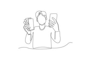 Continuous one line drawing happy businessman gets money via smartphone. Wealth and prosperity concept. Single line draw design vector graphic illustration.
