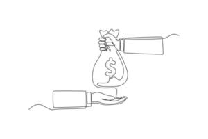 Continuous one line drawing Hand with bag giving money to another hand. Wealth and prosperity concept. Single line draw design vector graphic illustration.