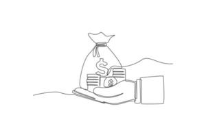 Continuous one line drawing hand holding money bag with gold coins. Wealth and prosperity concept. Single line draw design vector graphic illustration.