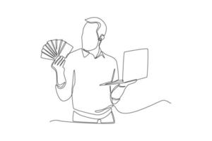 Continuous one line drawing happy businessman gets money from laptop. Wealth and prosperity concept. Single line draw design vector graphic illustration.