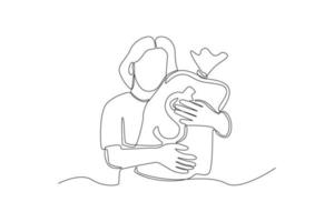 Continuous one line drawing happy woman huge big money bag. Wealth and prosperity concept. Single line draw design vector graphic illustration.
