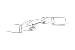 Continuous one line drawing hand receives money from the other hand. Wealth and prosperity concept. Single line draw design vector graphic illustration.