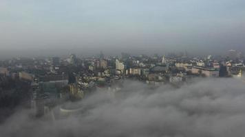 Aerial view of fog over city in morning light, Kyiv, Ukraine video