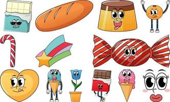 Set of objects and foods cartoon characters vector