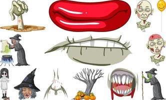 Set of horror halloween objects and cartoon characters vector