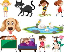 Set of different cute kids and objects vector