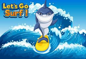 Cute shark surfing cartoon ocean scene vector