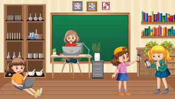 At home scene with children using their laptops vector