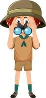 Cute boy scout cartoon character looking through binoculars vector