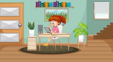 A girl browsing internet on tablet at home vector