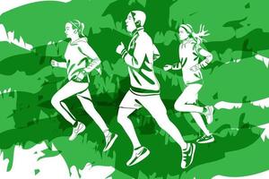 siluetas de personas corriendo maratón sobre fondo verde vector