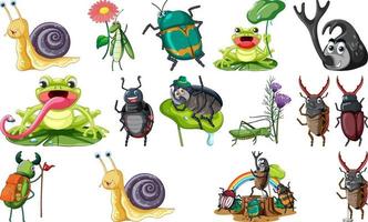 conjunto de varios dibujos animados de insectos y anfibios vector