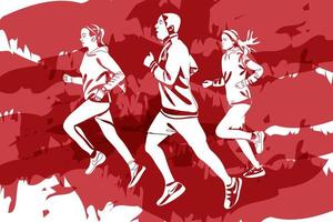 Silhouettes of people running marathon on red background vector
