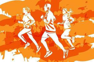 siluetas de personas corriendo maratón de otoño sobre fondo naranja vector