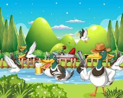 Outdoor scene with cartoon ducks vector