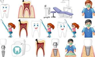 Set of dental equipments and cartoon characters vector