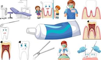 Set of dental equipments and cartoon characters vector