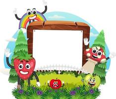 Funny food cartoon character in garden banner vector