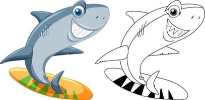 Shark cartoon character with its doodle outline surfing vector