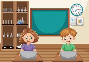 At home scene with children using their laptops vector