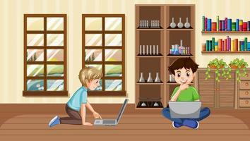 At home scene with two boys using their laptops vector