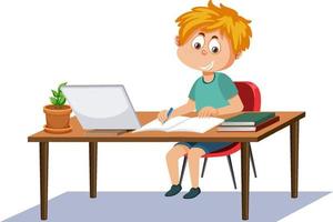 un niño estudiando en línea con una tableta vector