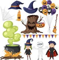 conjunto de elementos y personajes de dibujos animados de halloween vector