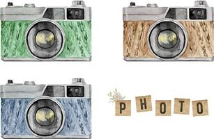 Set of Vintage watercolor cameras with wooden texture vector