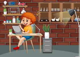 At home scene with A boy using laptop vector
