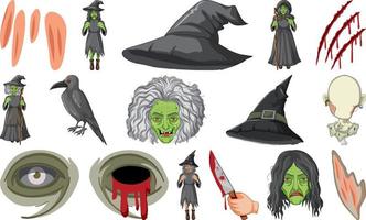 conjunto de objetos de terror de halloween y personajes de dibujos animados vector