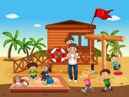 parque infantil en la playa con niños felices vector