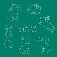 Set of Rabbits in one line with an inscription 2023. Black line vector illustration on green background