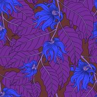 VECTOR SEAMLESS BURGUNDY PATTERN WITH BLUE YLANG-YLANG FLOWERS ON LILAC BRANCHES