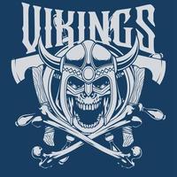 Vector IIlustration of Skull Wearing Vikng Helmet with Axes and Bones in Vintage Style