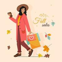 niña camina sosteniendo bolsas de compras en otoño. ideal para afiches, pancartas, volantes para publicidad o promoción de descuento de venta de otoño. ilustración vectorial vector