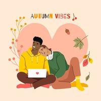 Autumn vibes. Gay Couple cuddling and watching movie on laptop. Enamored same sex pair. Flat vector illustration. Concept of Lgbt, friendship, free love, cozy Autumn.