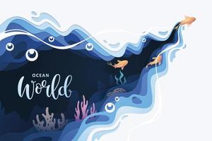 Fishes layered shape wavy ocean underwater background in paper cut style vector