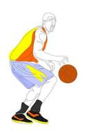 Continuous one line drawing of basketball player dribbling and holding the ball. Athlete running simplicity minimalism design. vector