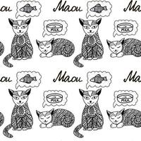 Seamless pattern of hand-drawn cats in doodle style. Stylized cats dreaming in and out of milk and fish. Decor. Stylized animals with body patterns. Vector illustration