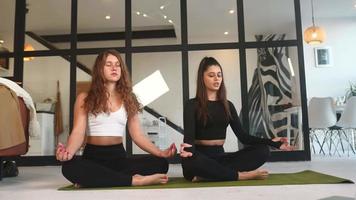 Two young women meditate on a yoga mat on the floor video