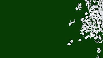 comienzos blancos y medias lunas caen desde el lado derecho sobre fondo verde 3d renderizado, fondo de pakistán, fondo de sierra eid milad un nabi video
