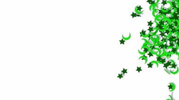 comienzos verdes y medias lunas están cayendo desde el lado derecho 3d renderizado, fondo de pakistán, fondo de sierra eid milad un nabi video